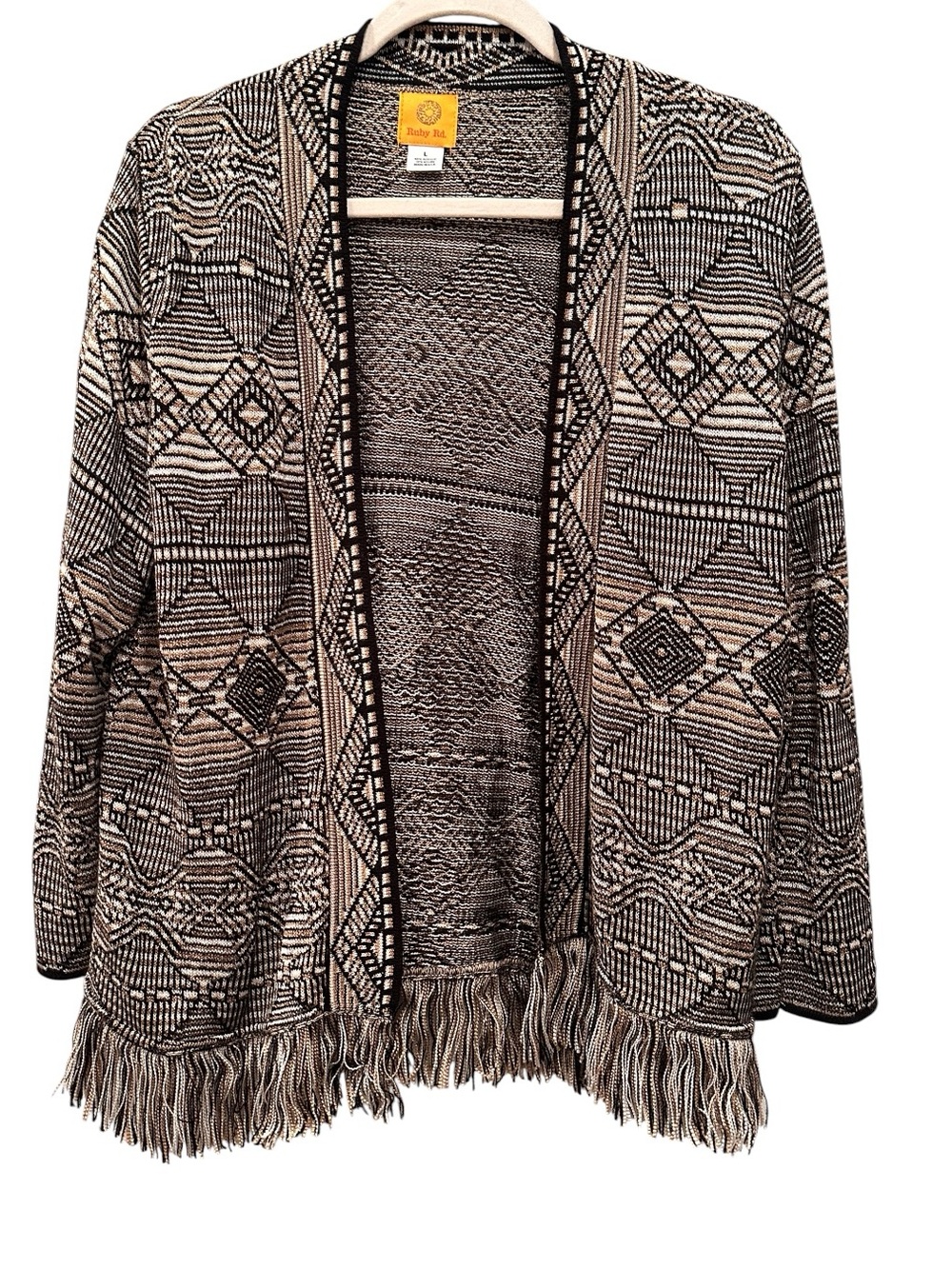 Ruby Rd. Tribal Revival Geometric Open-Front Fringe Cardigan Sweater Layer Sz